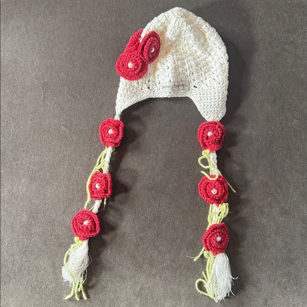 Bebe Chapeau Girls White Hat with Roses Side Braids 100% Cotton 6-12 months NEW - Picture 5 of 9